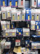 Contents of shop display rack including Bosch wood & paint sanding belts & discs various grades,