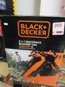 Black & Decker BEBLV 301 3 in 1 3000w backpack blower vac, 2 pin plug, 12m power cord included,