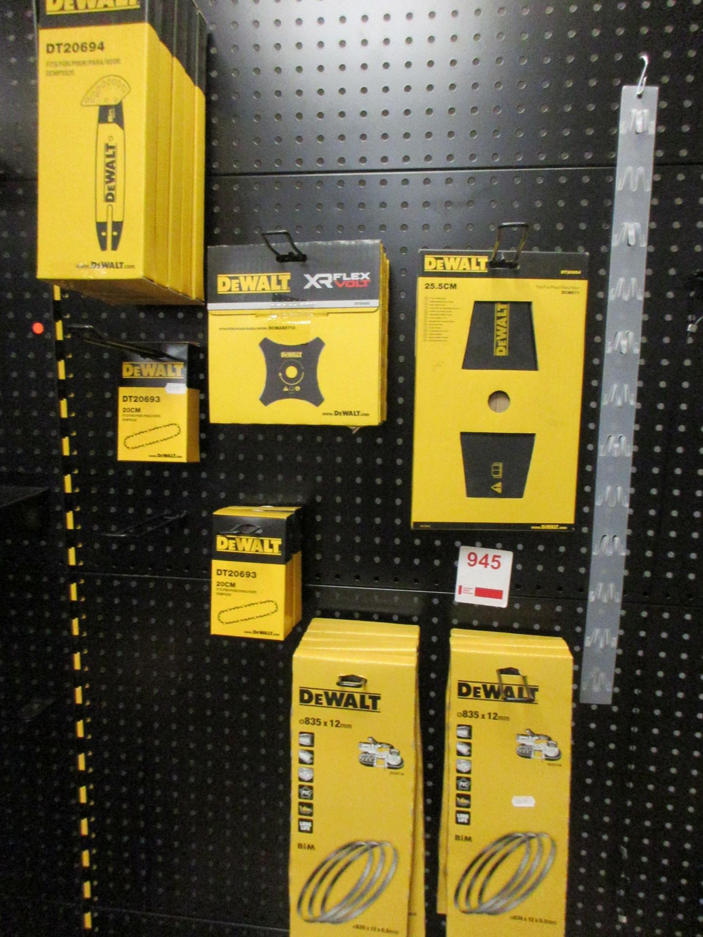 Assorted Dewalt chain saw & band saws, blades, brush cutter, chain saw chains, selection of Metabo
