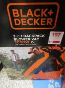 Black & Decker BEBLV 301 3 in 1 3000w backpack blower vac, 2 pin plug, 12m power cord included,