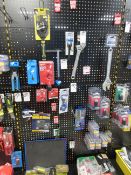 Contents of shop display rack including Keyless chucks, Fatmax adjustable spanner, crimping tool