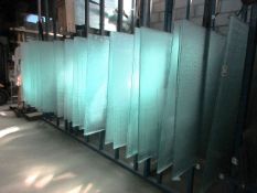 Glass contents of 12 section storage racking, frosted, various patterns, sizes & thicknesses