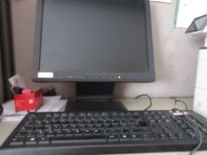 Three various computer systems, three flat screen monitors, keyboards, mice