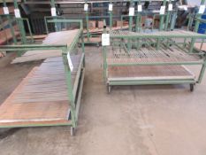 Two metal frame mobile single sided glass racks, 1.6m x 1m