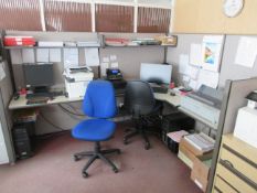 Corner 3 section run of office workstation, two upholstered chairs