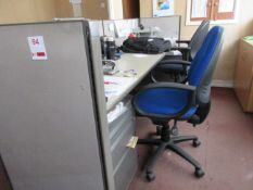 2-section run of office workstation, two pedestals and two upholstered chairs