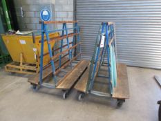 Two metal 'A' frame mobile double sided glass racks, approx. 1.8m x 900mm