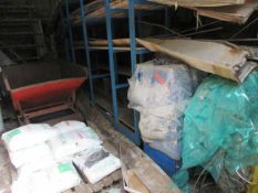 Contents of storage building including Hydrosoft salt, forklift tipping skip, storage racking, glass