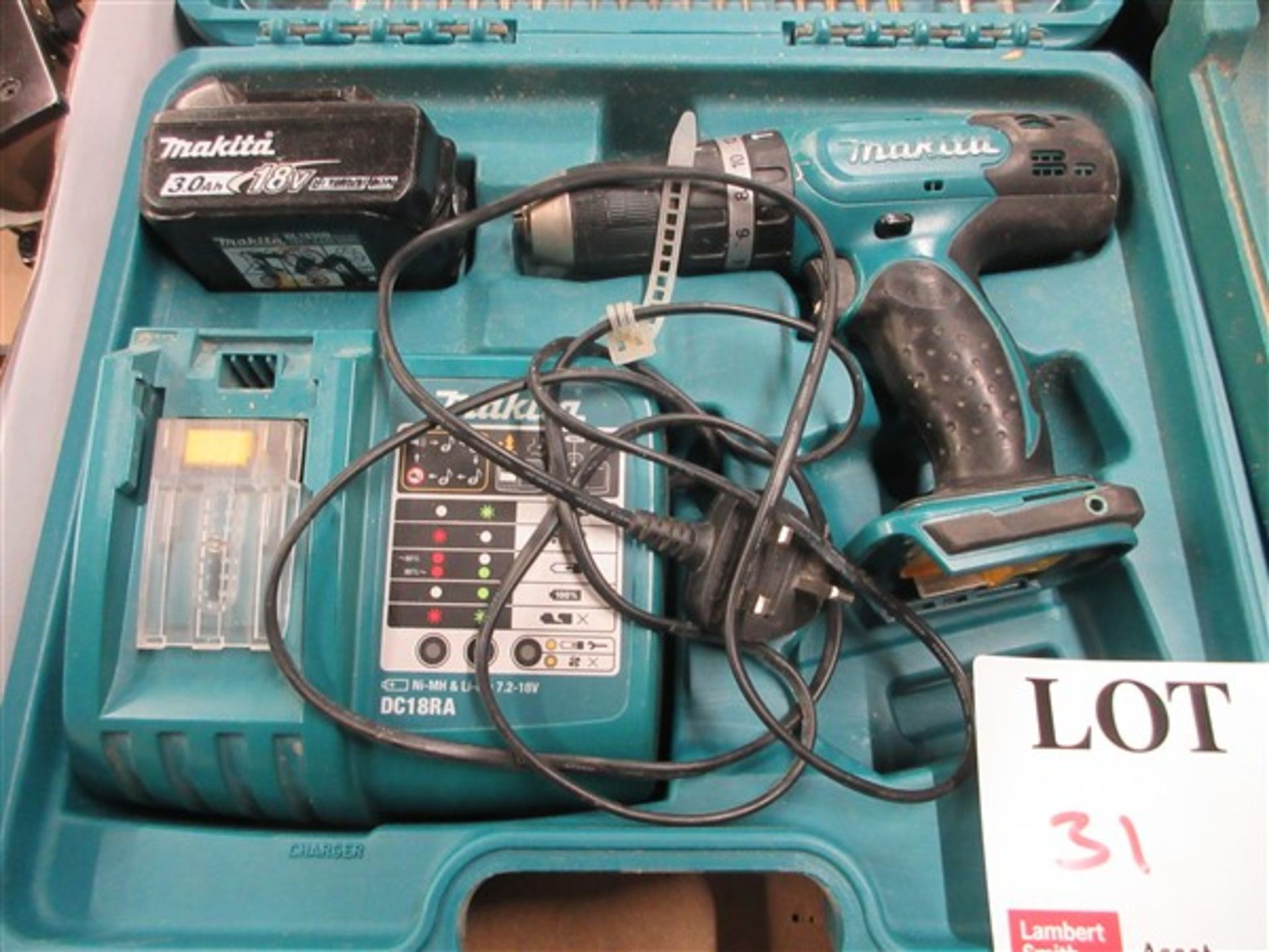 Makita BHP453 240v corded drill with one 3 amp battery, charger & drill bits