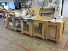 Five wooden framed mobile trollies (excluding contents)