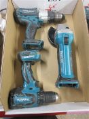Makita DHP451 drill, Makita BDF459 drill and Makita BGA432 angle grinder - no battery