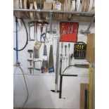 Selection of various hand tools to include saws, spanners, chisels and set square