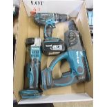 Makita BHP456 drill, Makita BDA351 right angle drill and Makita BHR202 hammer drill with battery
