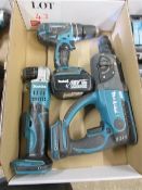 Makita BHP456 drill, Makita BDA351 right angle drill and Makita BHR202 hammer drill with battery