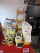 Assorted lot of various rolls of tape, sandpaper and disposable gloves