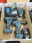 Two Makita BHP459 drills, Makita DTD146 impact driver with charger & battery