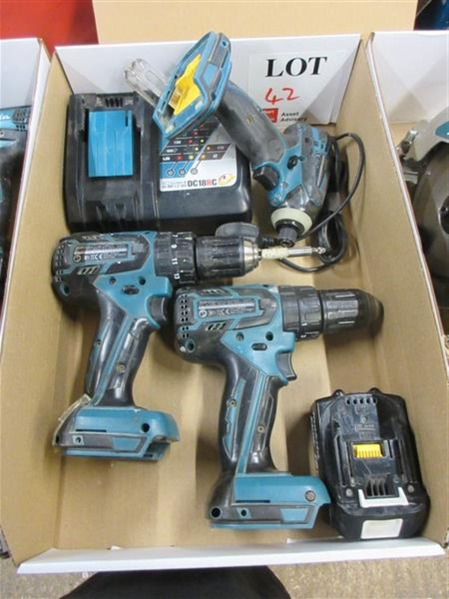 Two Makita BHP459 drills, Makita DTD146 impact driver with charger & battery