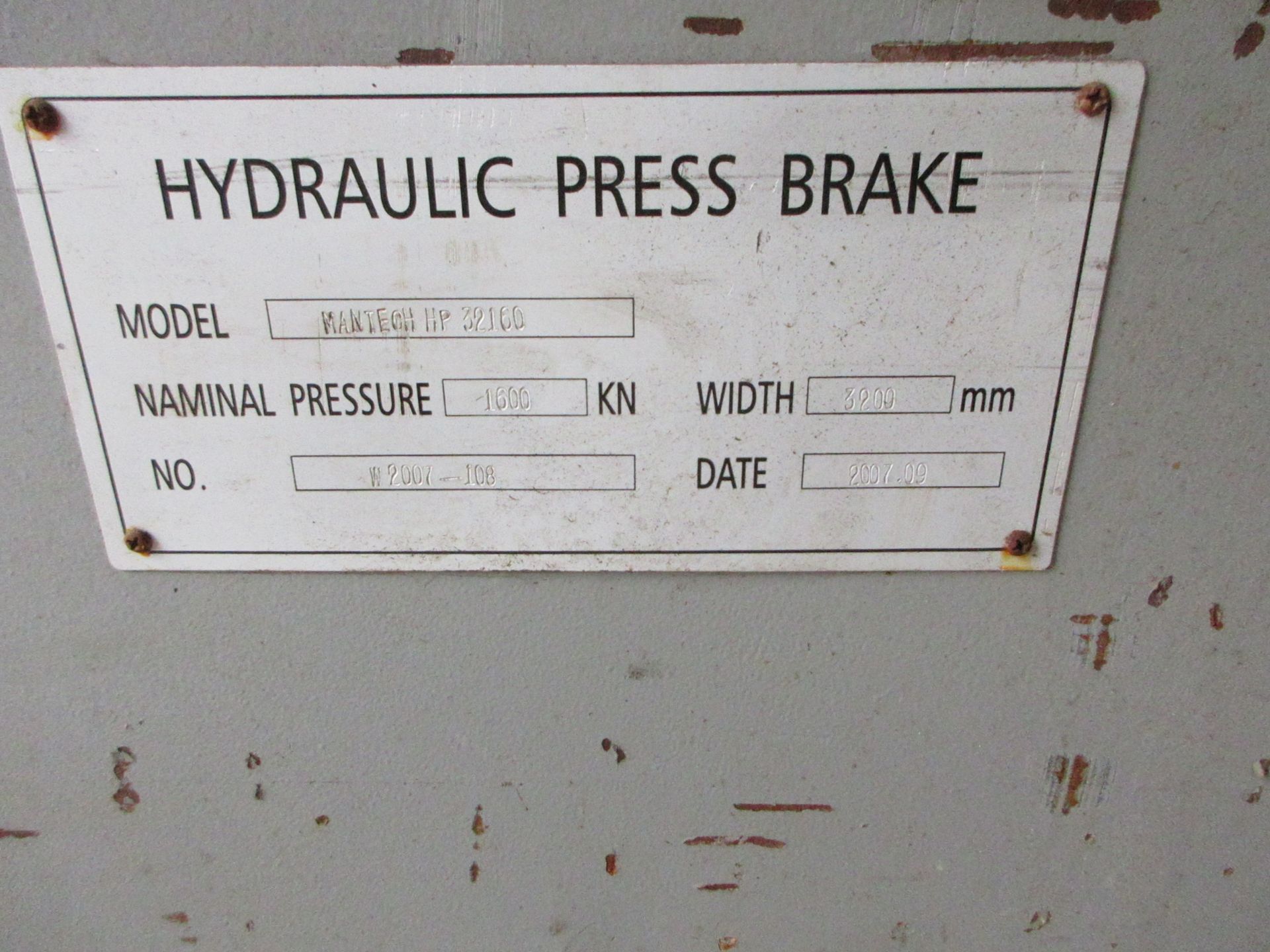 Man Tech HP32160 160 tonne hydraulic press break, serial no. W2007-108 (2009), width 3200mm with - Image 7 of 9