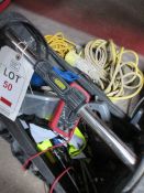 Miscellaneous lot including 110v extension leads, tool bag, stapler, multimeter, spanners, tile saw,
