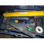 Box of various tools including drop gauge, hammers, spanners, float and saw