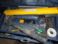 Box of various tools including drop gauge, hammers, spanners, float and saw