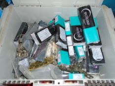 Box of various door furniture including lock, hinges and mortice lock