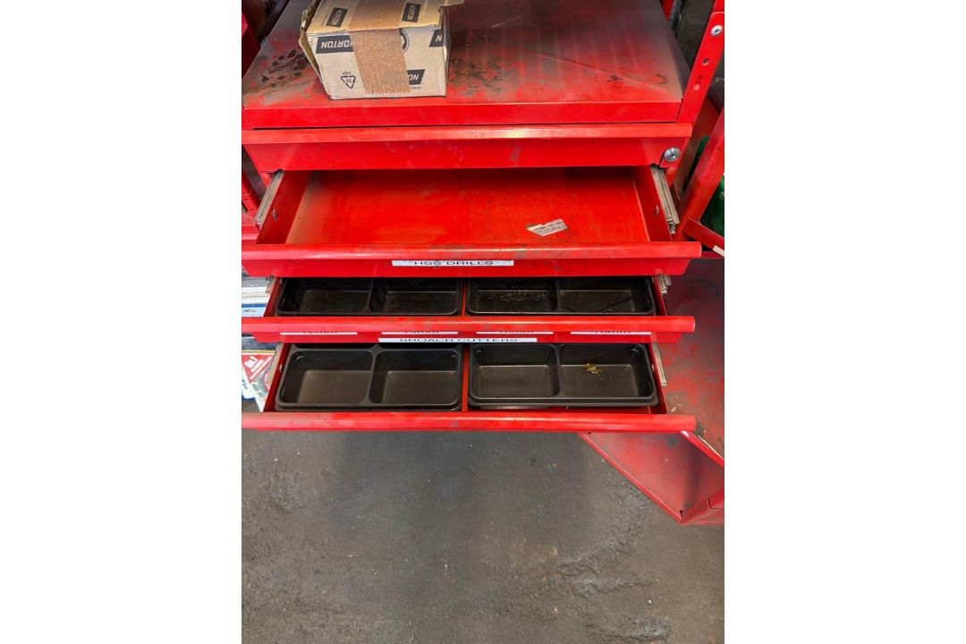 Two red metal storage racks to include: one corner shelving unit (58 wide x 58 depth x 157 height) a - Image 2 of 2