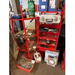 Two red metal storage racks to include: one corner shelving unit (58 wide x 58 depth x 157 height) a