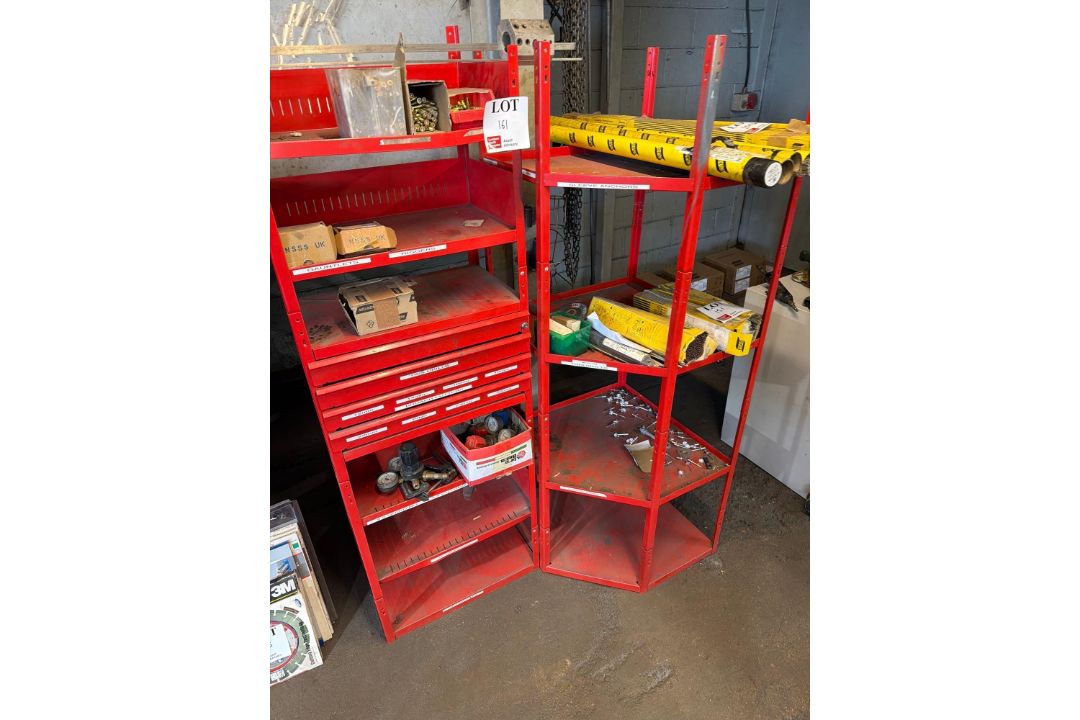 Two red metal storage racks to include: one corner shelving unit (58 wide x 58 depth x 157 height) a - Image 1 of 2