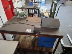 Wooden topped metal framed workbench with vice 30cm x 140cm x 90cm