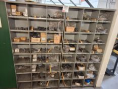 Contents of shelving to include various cap head screws, counter sink screws, dowels, bolts, washers