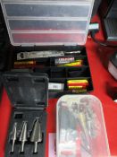 Assorted tools and tools box including screwdrivers, drill bits, allen keys