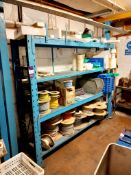 Rack and contents to include large quantity of cable, plastic moulds etc.