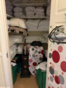 Contents of Linen cupboard including Diversey Ensign Stealth 1 upright vacuum cleaner