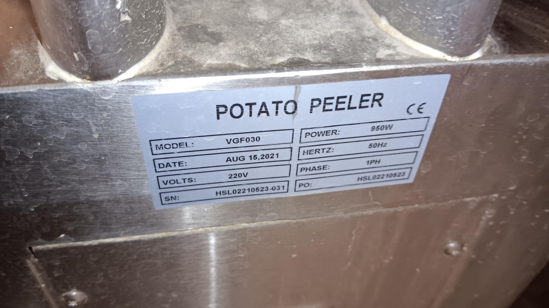 Unbadged VGF030 electric potato peeler, serial number HSL02210523-031 (Aug 2021) – Located in main - Image 3 of 3