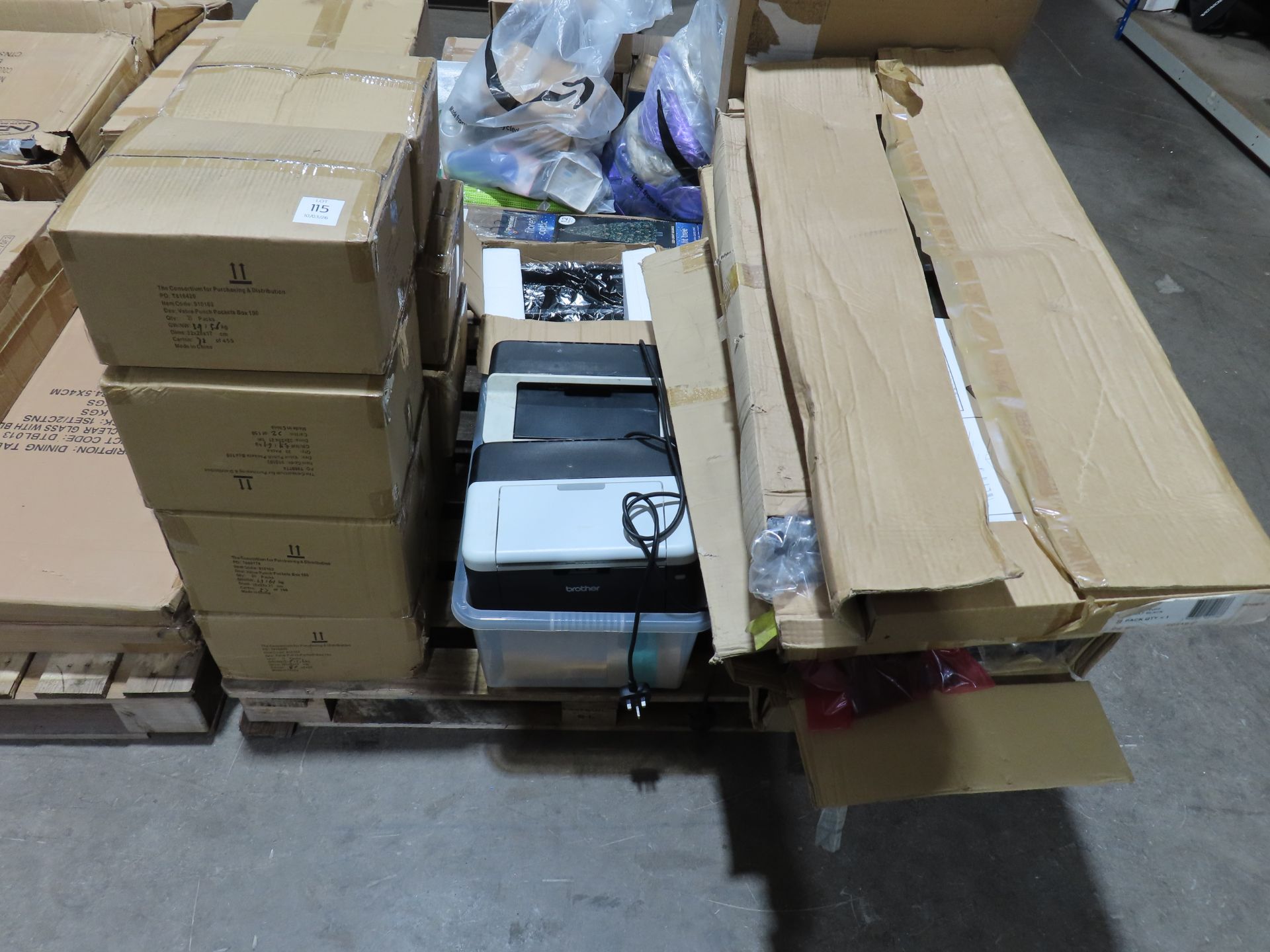 Pallet of plastic shelving, printers, punch pockets and cabinet shelves. Please note this lot has