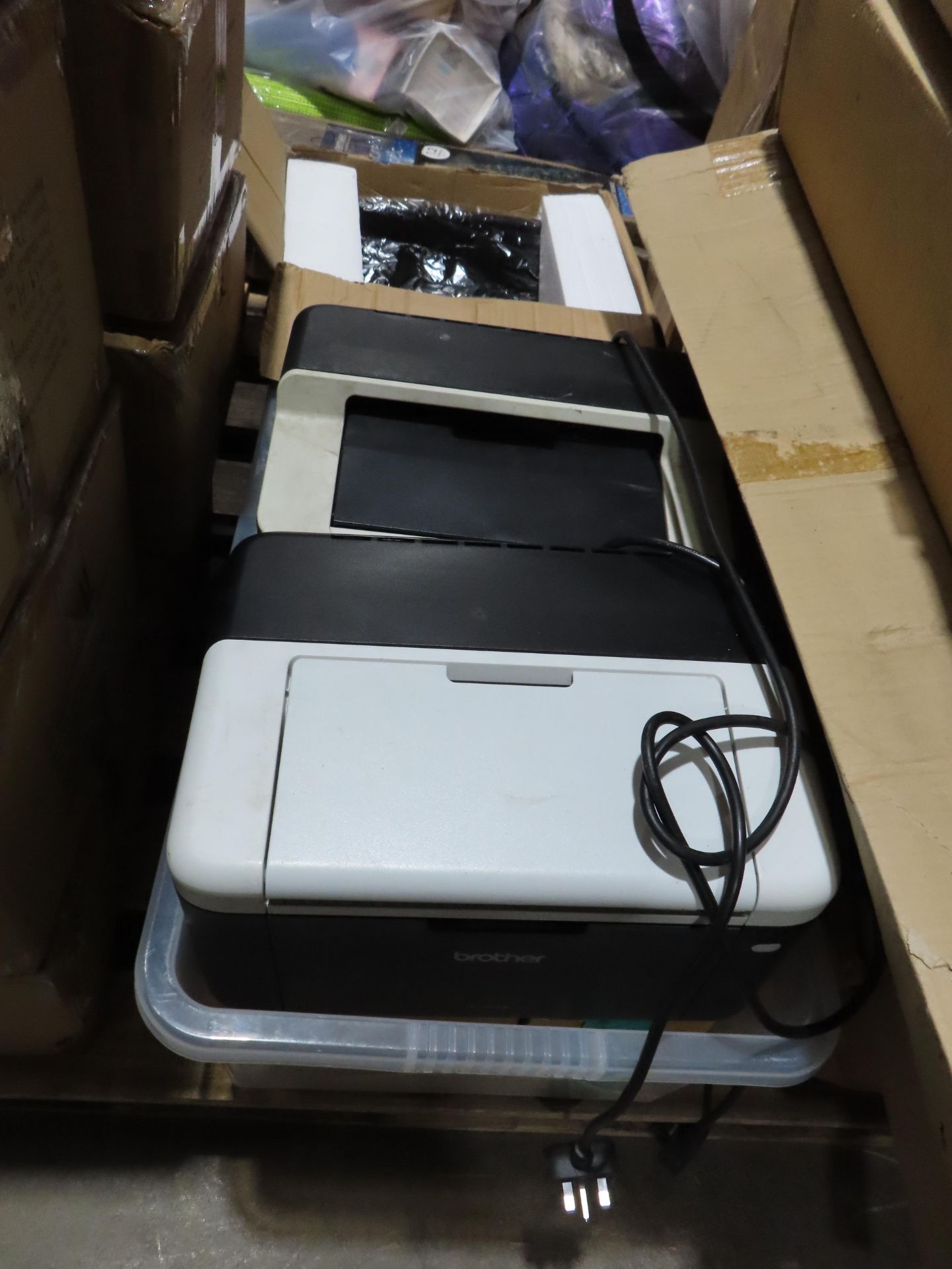 Pallet of plastic shelving, printers, punch pockets and cabinet shelves. Please note this lot has - Image 2 of 5