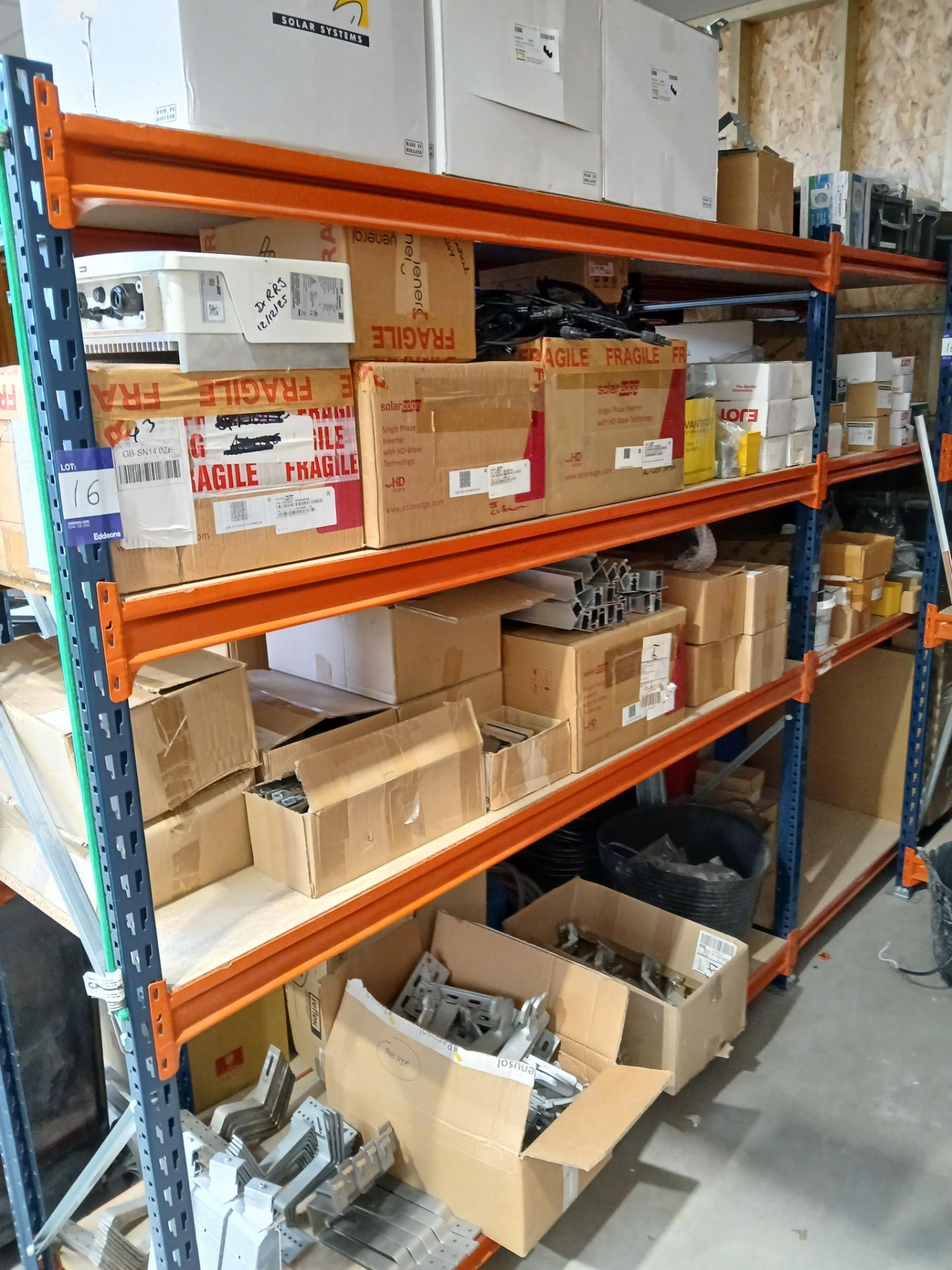 8x Bays of MFCALUX Boltless Shelving and Contents to include: Assortment of Roofing Components and