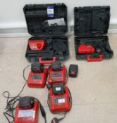 6x Various Milwauke Battery Chargers, 5x Batteries and 2x Cases