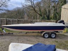21ft Phantom Sports Boat with Mercury 225 outboard motor on twin axle trailer. Boat and outboard are