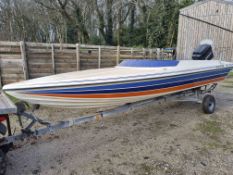 18ft Phantom Sports Boat with Mercury 200 outboard motor on trailer. Boat and outboard are circa