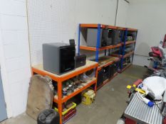 2x Bays of stores racking and metal framed workbench. Please note the contents are not included.