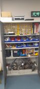 Steel double door cabinet including: hand tools and accessories (excluding lot 5) . Located on first