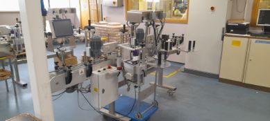 EME Series 2000 passthrough labelling machine with MO-3000-S4-S2 conveyor section, Year 2015, Serial