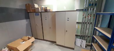 3x Steel double door cabinet (excludes contents) & 3x Bays of boltless shelving . Located on