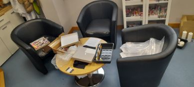 3x Work stations, 2x pedestals, 3x office chairs, 2x bookcases, low table, 3x reception seats &