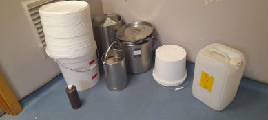 Quantity of stainless steel buckets and containers. Located on first floor, access by goods lift and