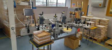 EME Series 2000 passthrough labelling machine with MO-3000-S4S2 conveyor section, Year 2015,