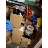Contents of 3 built in cupboards to include 240v extension reel, conductivity rolls, brackets and