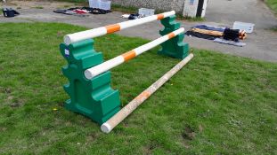 Two sets of plastic horse jumps, with 8 wooden poles, total assembled dimensions 3m (l) by 0.9m (h)